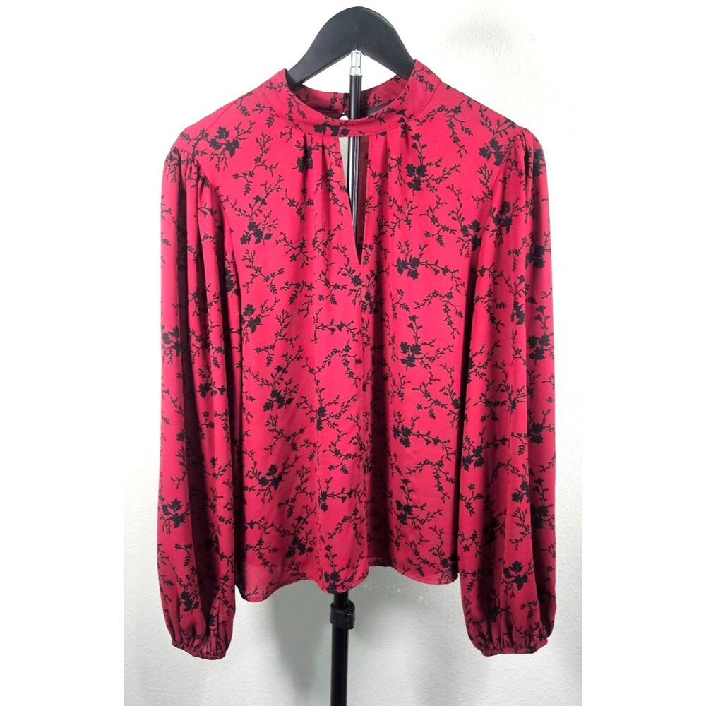 Banana Republic Womens L Red Floral Mock Neck Keyhole Long Sleeve Blouse Top